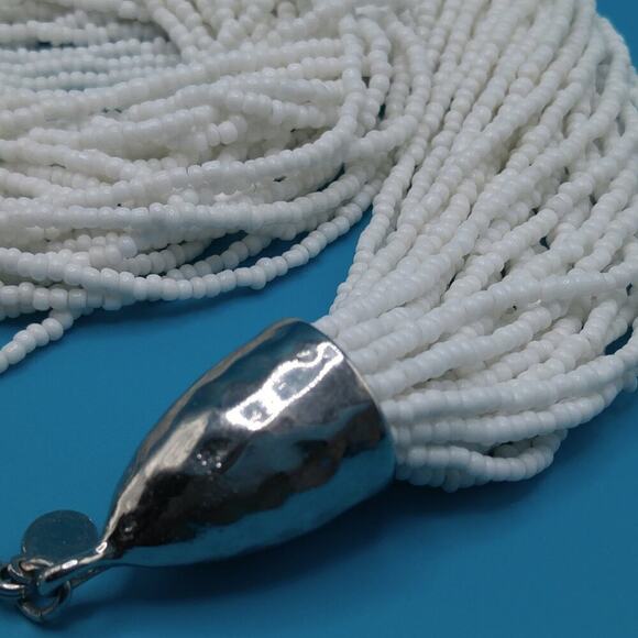 Chico's White Seed Bead Necklace, 30 Strands, Hammered Silver End Caps, 26 Inch - Picture 10 of 12